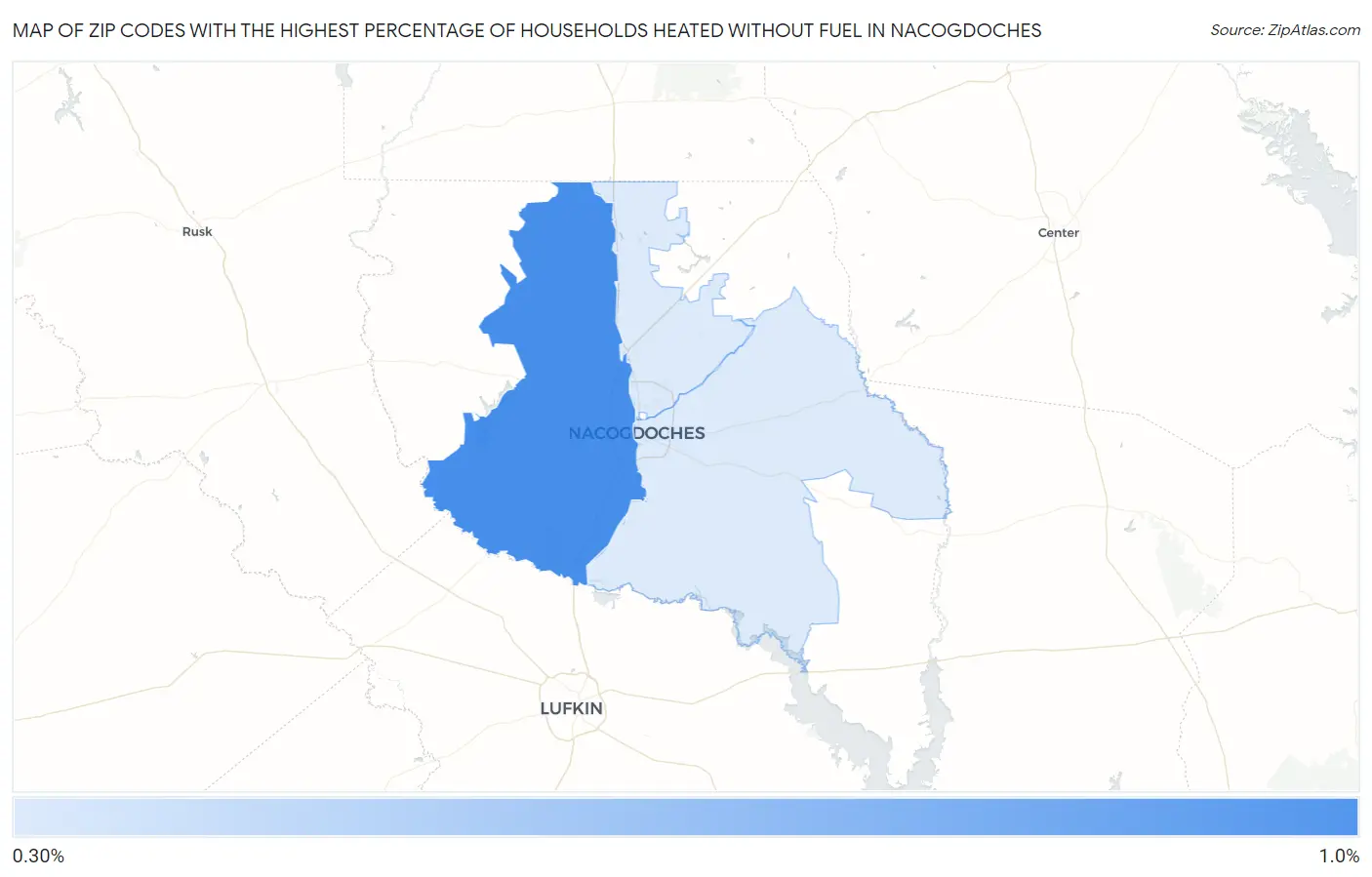 Zip Codes with the Highest Percentage of Households Heated without Fuel in Nacogdoches Map