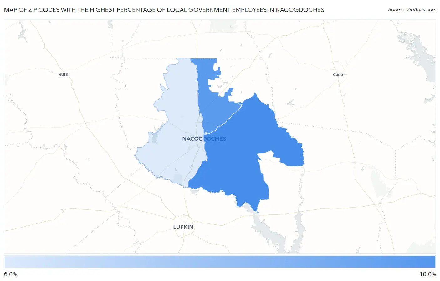 Zip Codes with the Highest Percentage of Local Government Employees in Nacogdoches Map