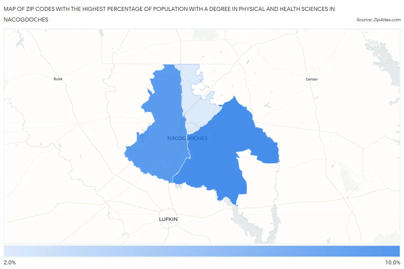 Zip Codes with the Highest Percentage of Population with a Degree in Physical and Health Sciences in Nacogdoches Map