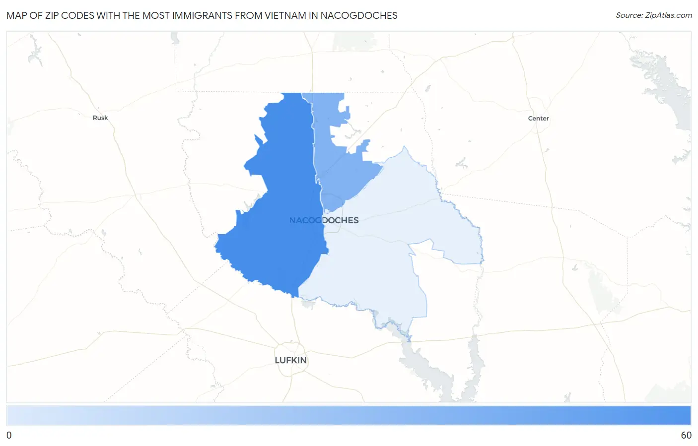 Zip Codes with the Most Immigrants from Vietnam in Nacogdoches Map