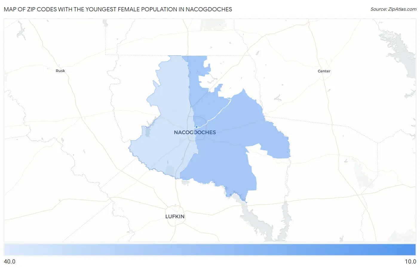 Zip Codes with the Youngest Female Population in Nacogdoches Map