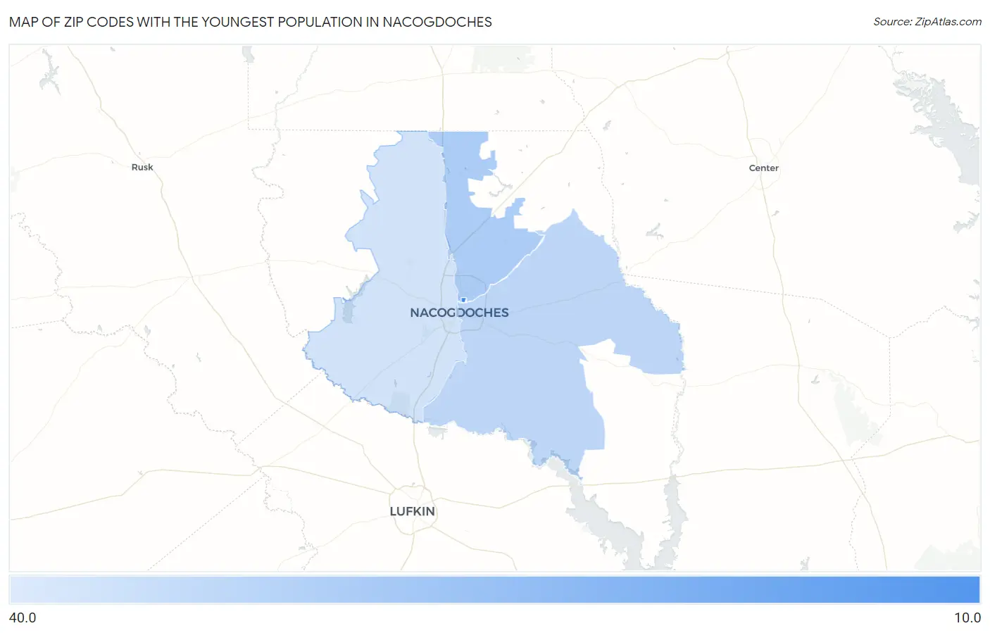 Zip Codes with the Youngest Population in Nacogdoches Map