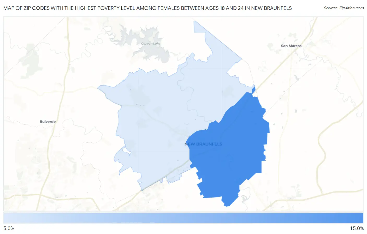 Zip Codes with the Highest Poverty Level Among Females Between Ages 18 and 24 in New Braunfels Map