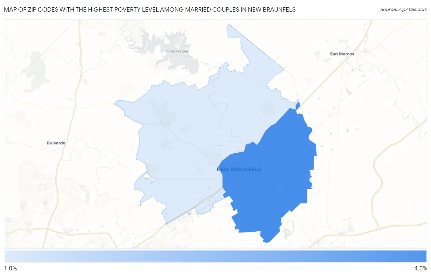 Zip Codes with the Highest Poverty Level Among Married Couples in New Braunfels Map