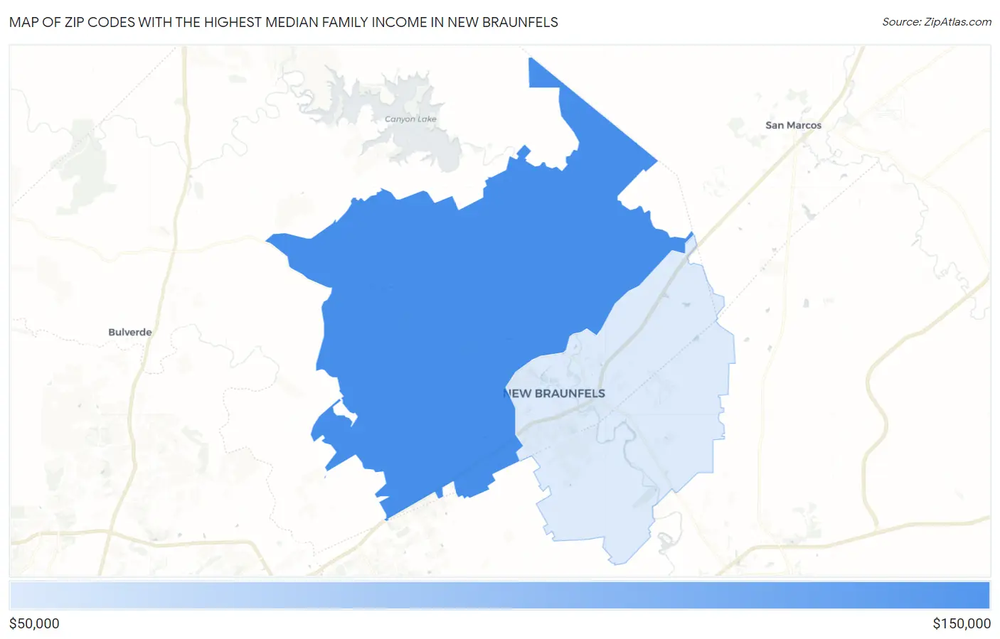 Zip Codes with the Highest Median Family Income in New Braunfels Map