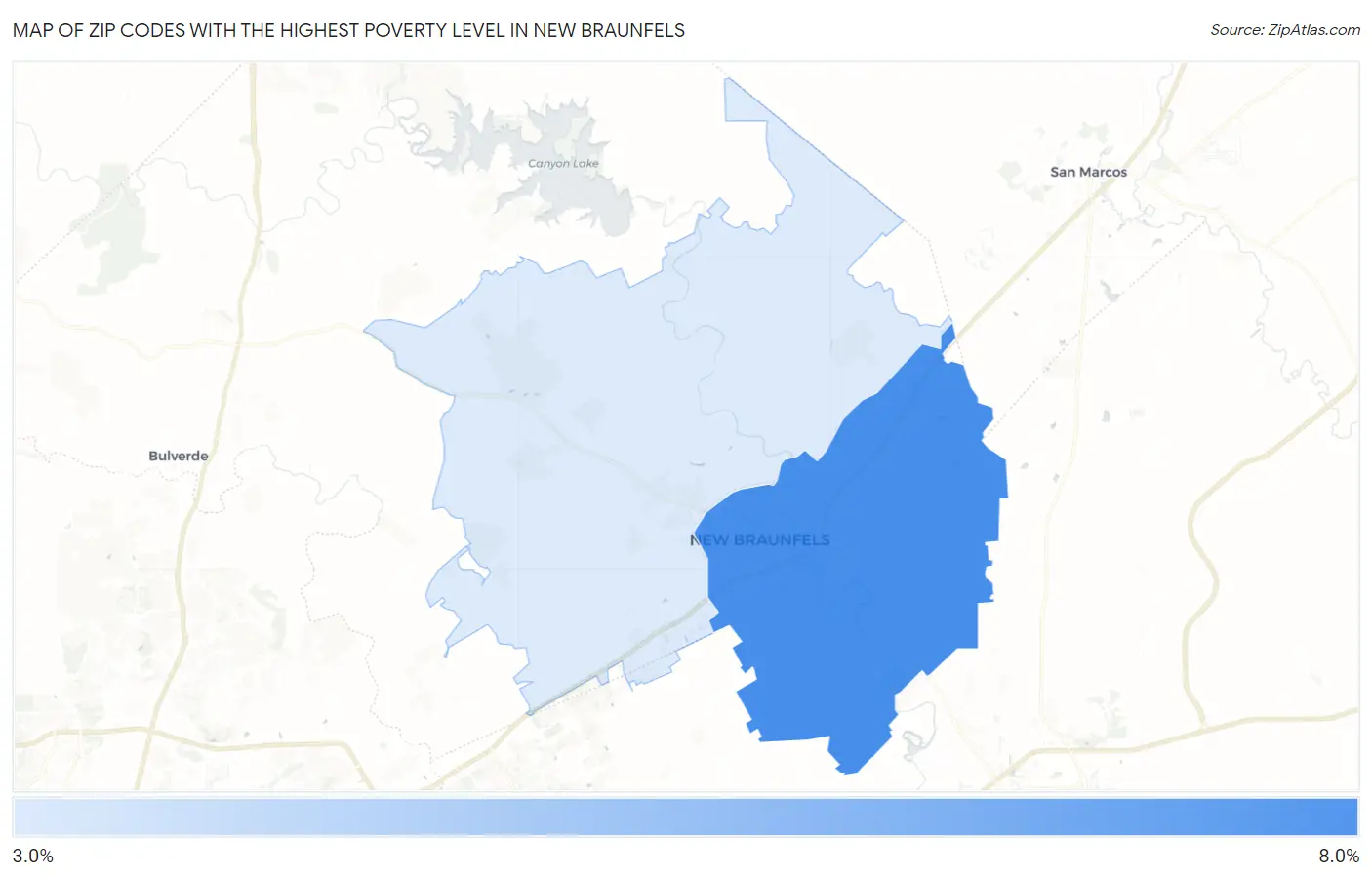 Zip Codes with the Highest Poverty Level in New Braunfels Map