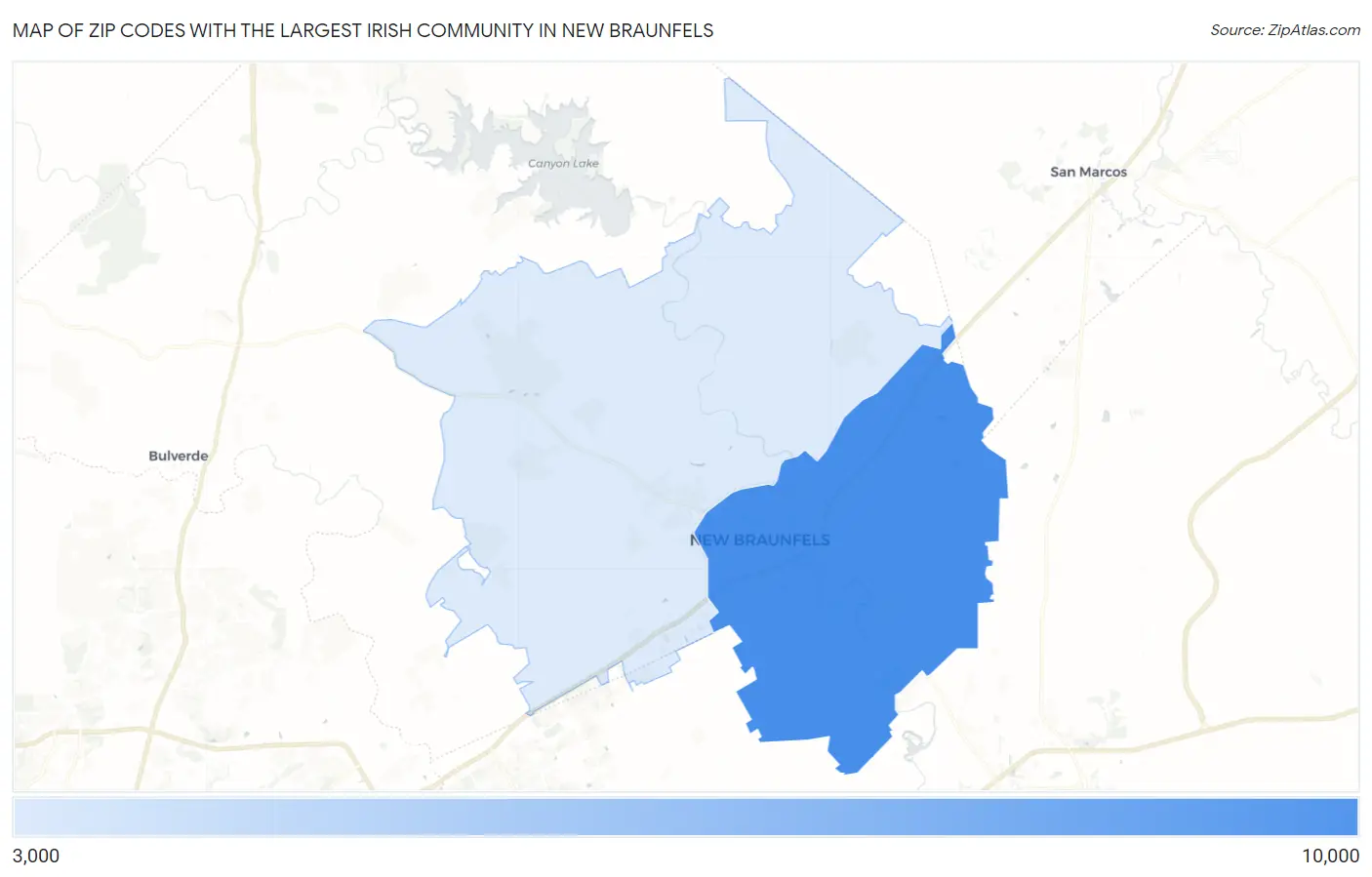 Zip Codes with the Largest Irish Community in New Braunfels Map
