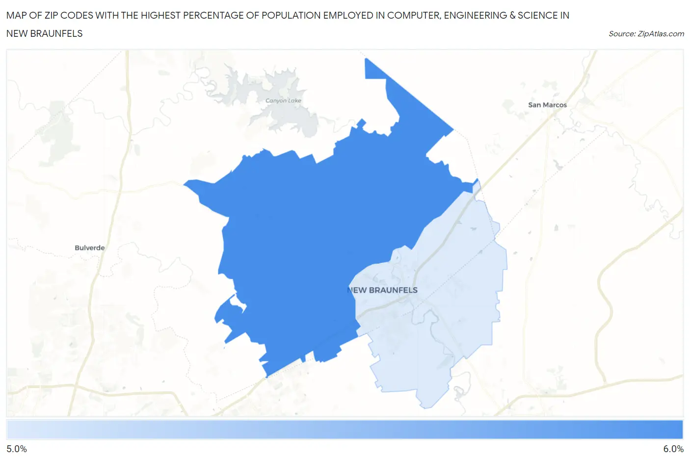 Zip Codes with the Highest Percentage of Population Employed in Computer, Engineering & Science in New Braunfels Map
