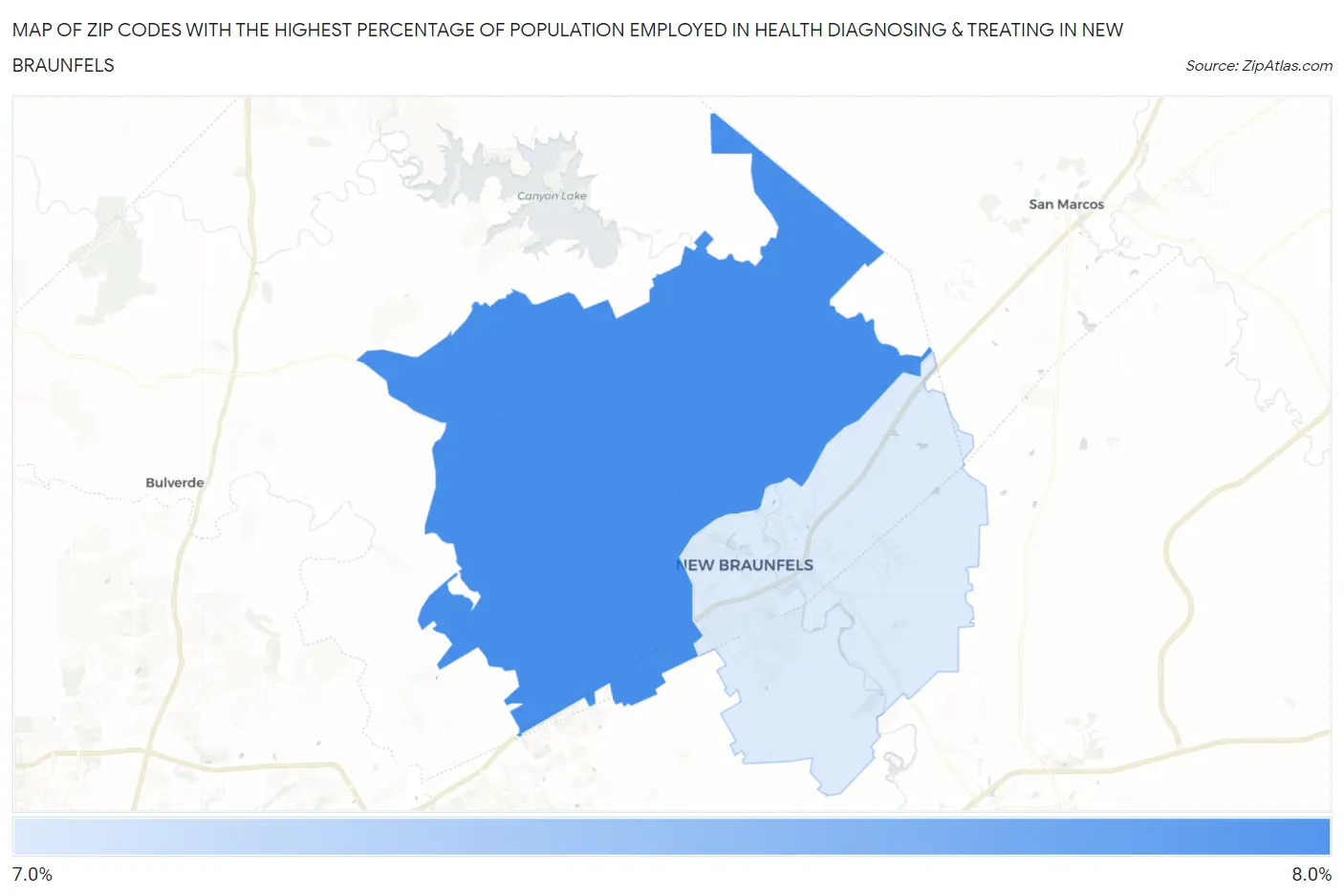 Zip Codes with the Highest Percentage of Population Employed in Health Diagnosing & Treating in New Braunfels Map