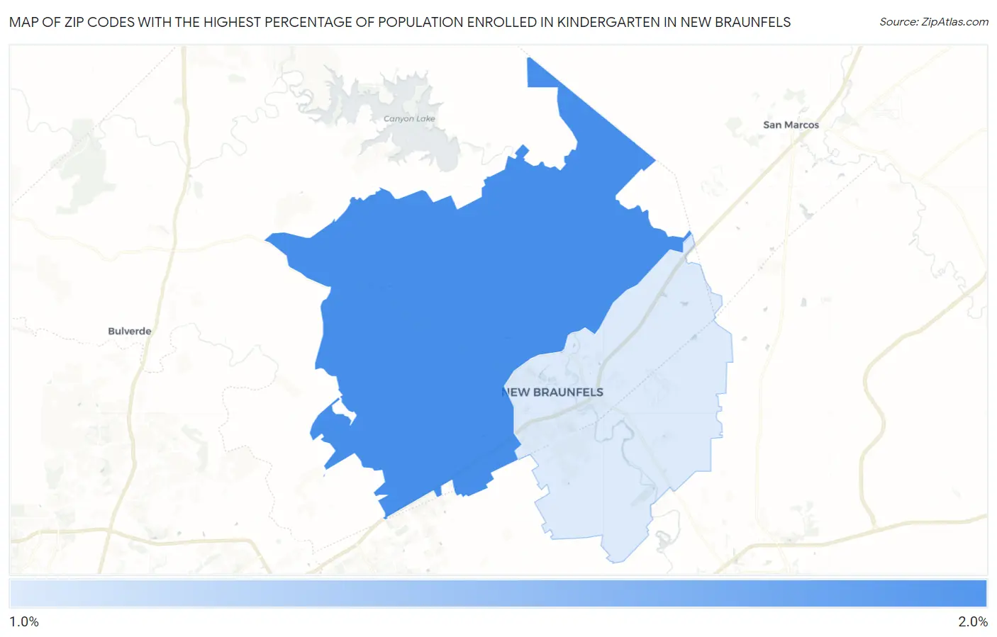 Zip Codes with the Highest Percentage of Population Enrolled in Kindergarten in New Braunfels Map