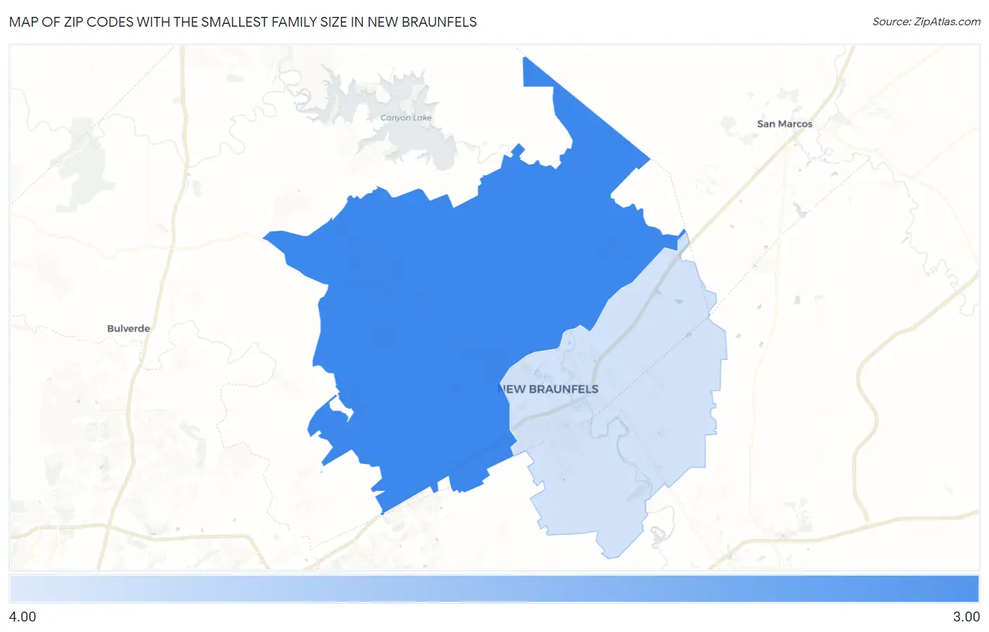 Zip Codes with the Smallest Family Size in New Braunfels Map