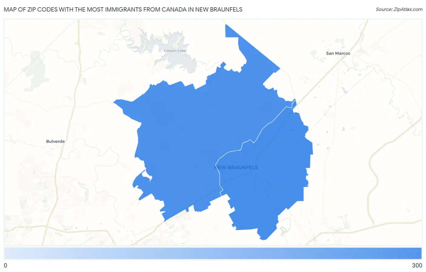 Zip Codes with the Most Immigrants from Canada in New Braunfels Map