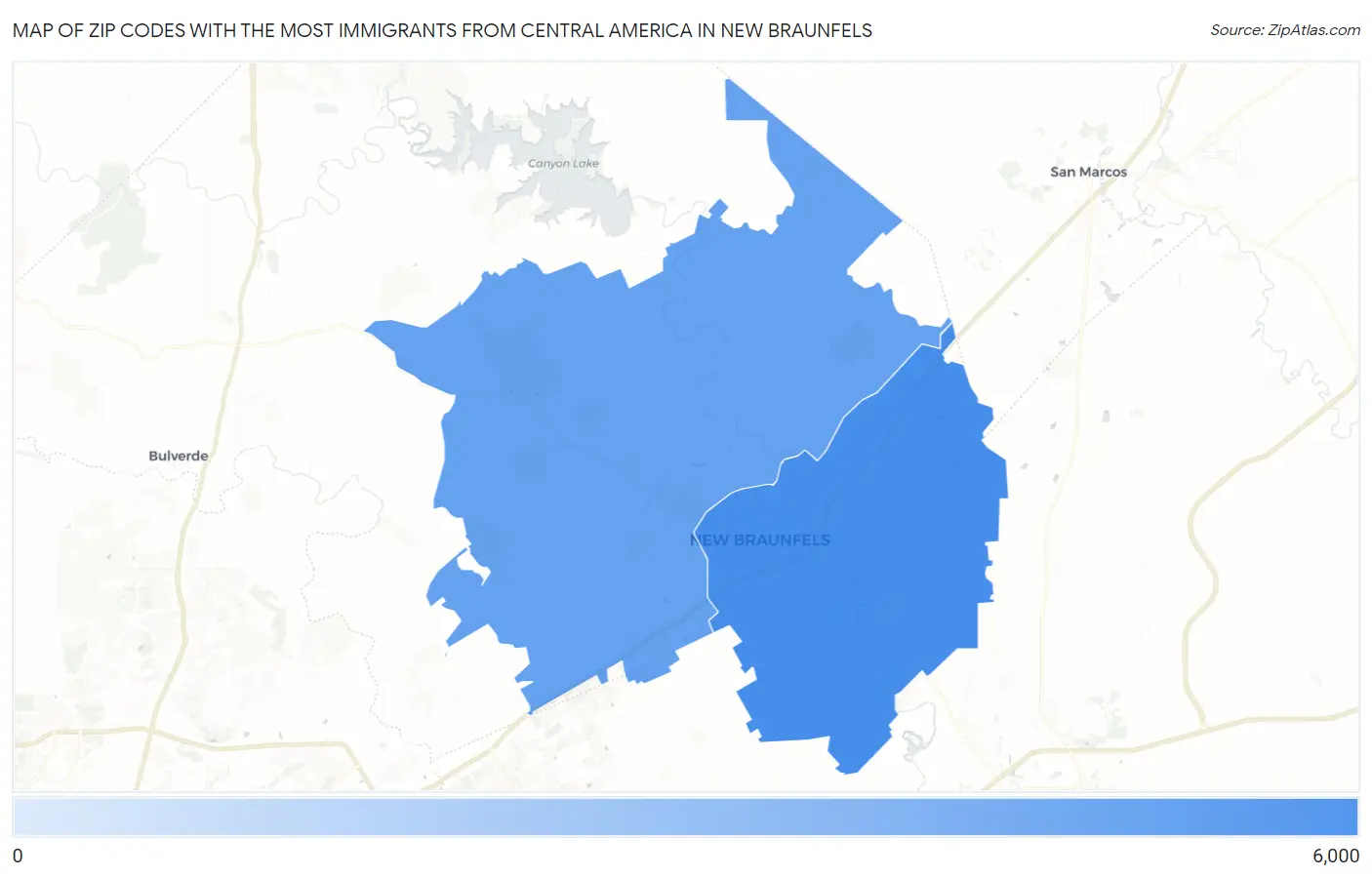 Zip Codes with the Most Immigrants from Central America in New Braunfels Map