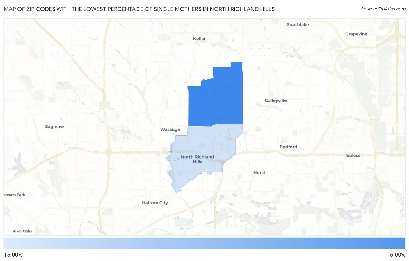 Zip Codes with the Lowest Percentage of Single Mothers in North Richland Hills Map