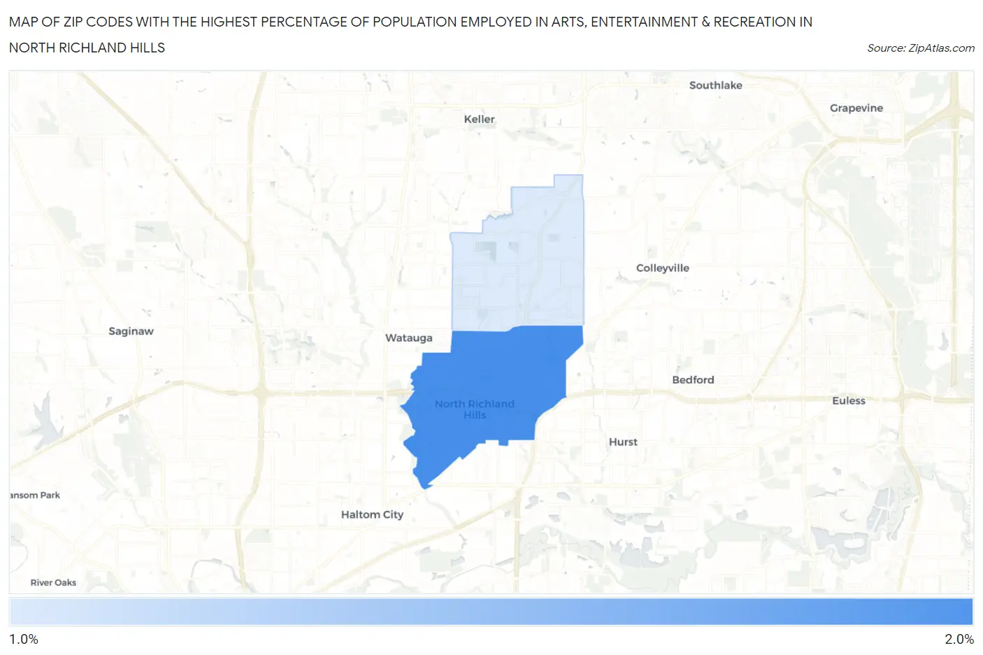 Zip Codes with the Highest Percentage of Population Employed in Arts, Entertainment & Recreation in North Richland Hills Map