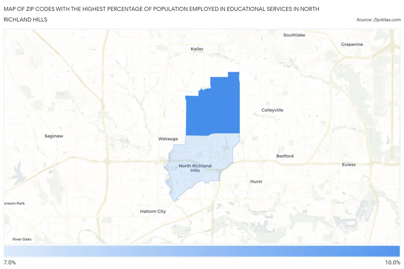 Zip Codes with the Highest Percentage of Population Employed in Educational Services in North Richland Hills Map