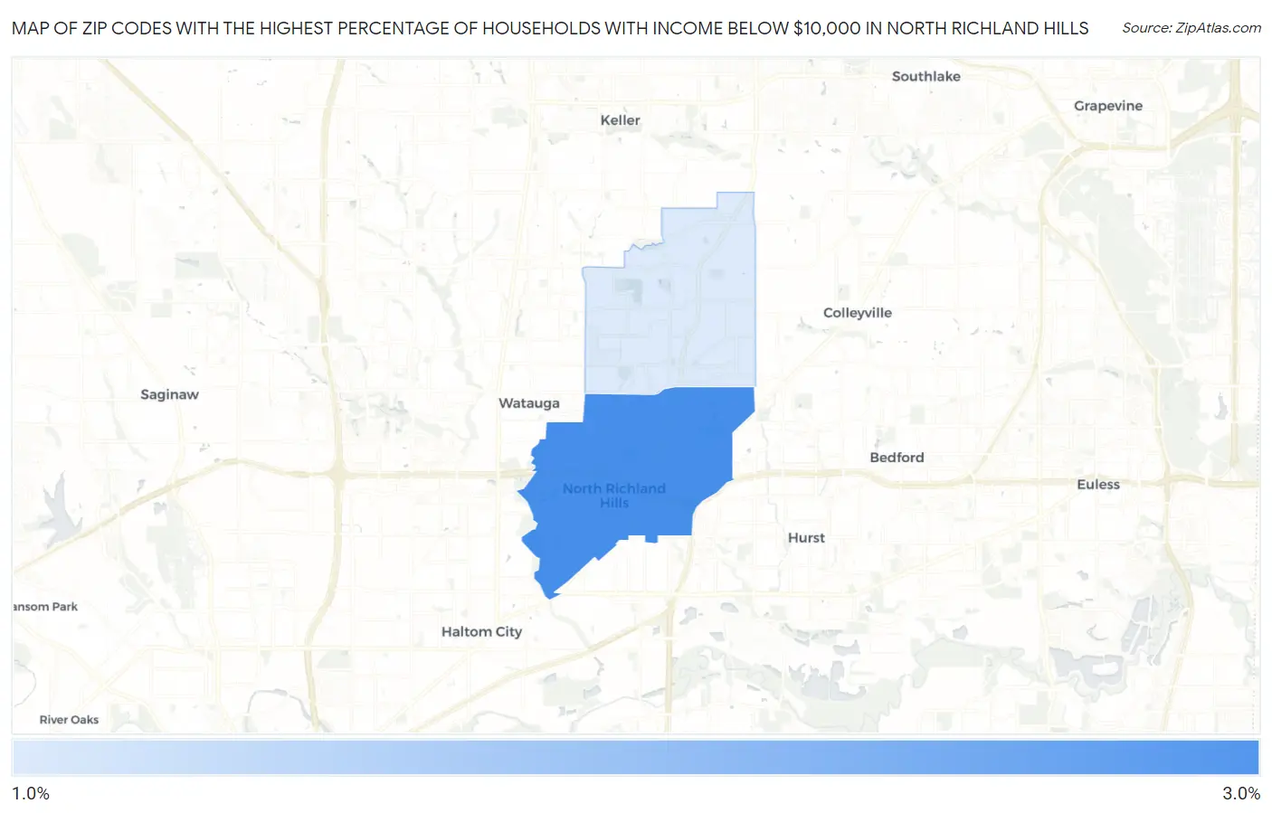 Zip Codes with the Highest Percentage of Households with Income Below $10,000 in North Richland Hills Map