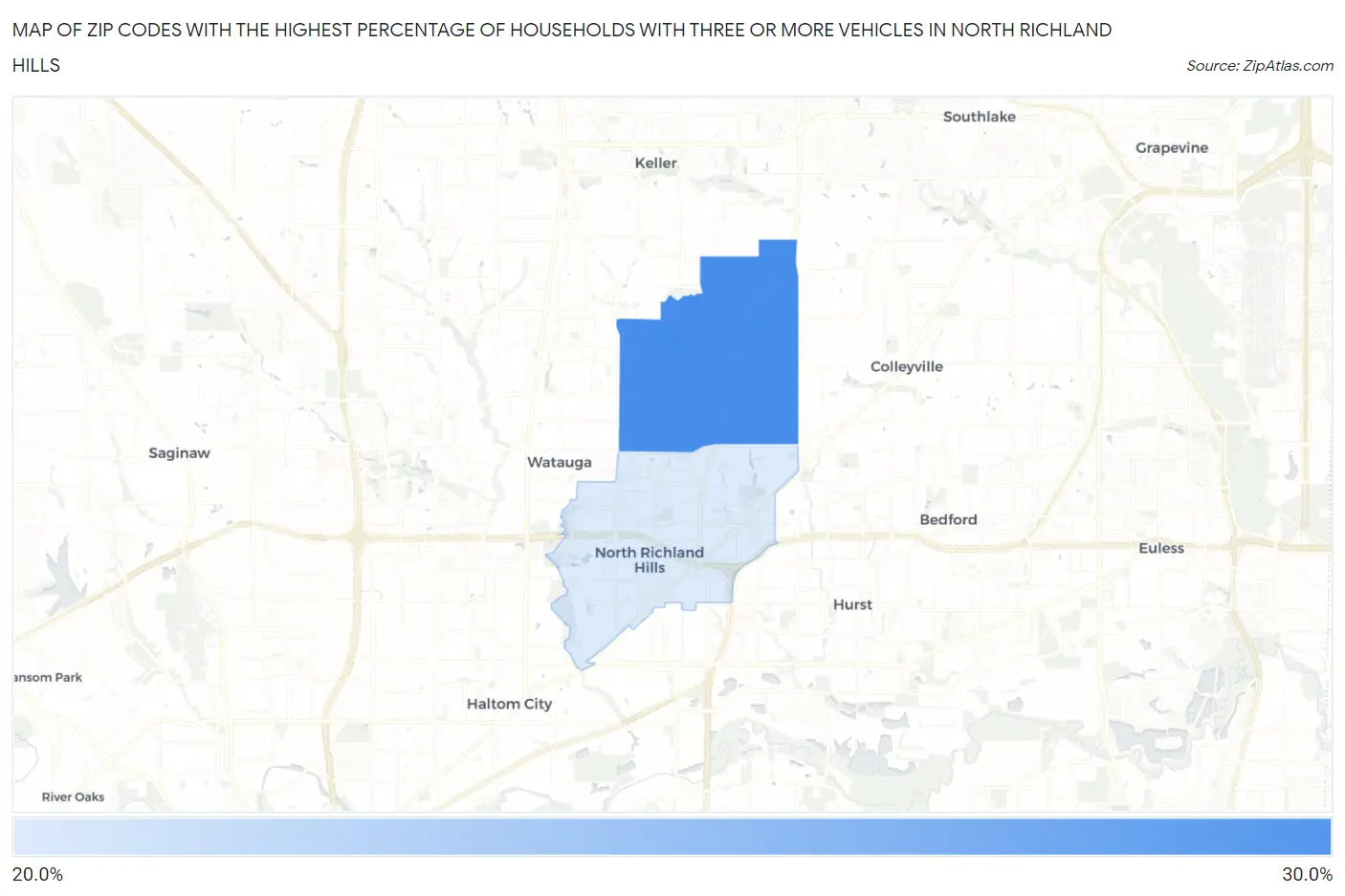 Zip Codes with the Highest Percentage of Households With Three or more Vehicles in North Richland Hills Map
