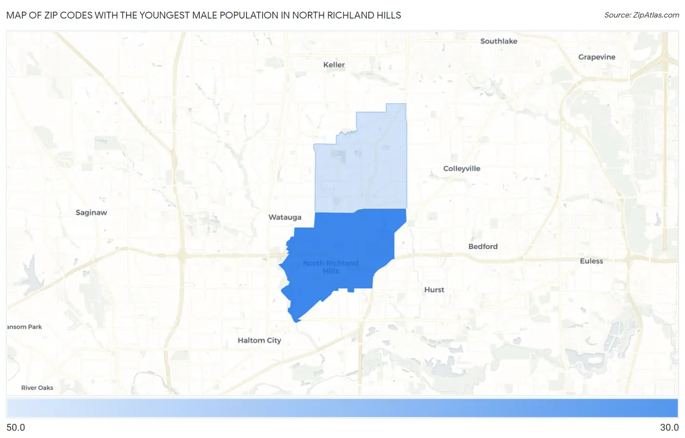 Zip Codes with the Youngest Male Population in North Richland Hills Map