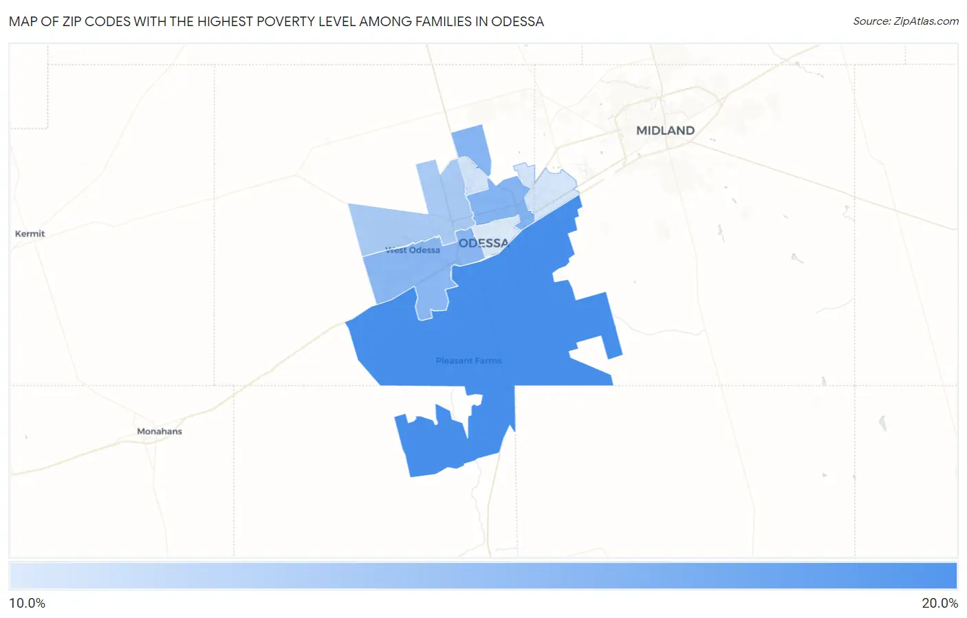 Zip Codes with the Highest Poverty Level Among Families in Odessa Map