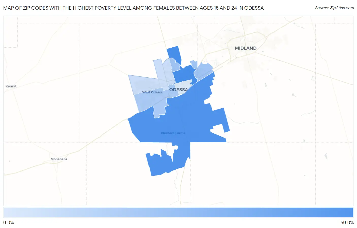 Zip Codes with the Highest Poverty Level Among Females Between Ages 18 and 24 in Odessa Map