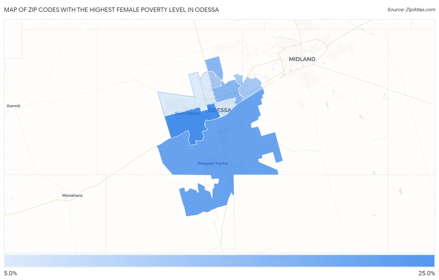 Zip Codes with the Highest Female Poverty Level in Odessa Map