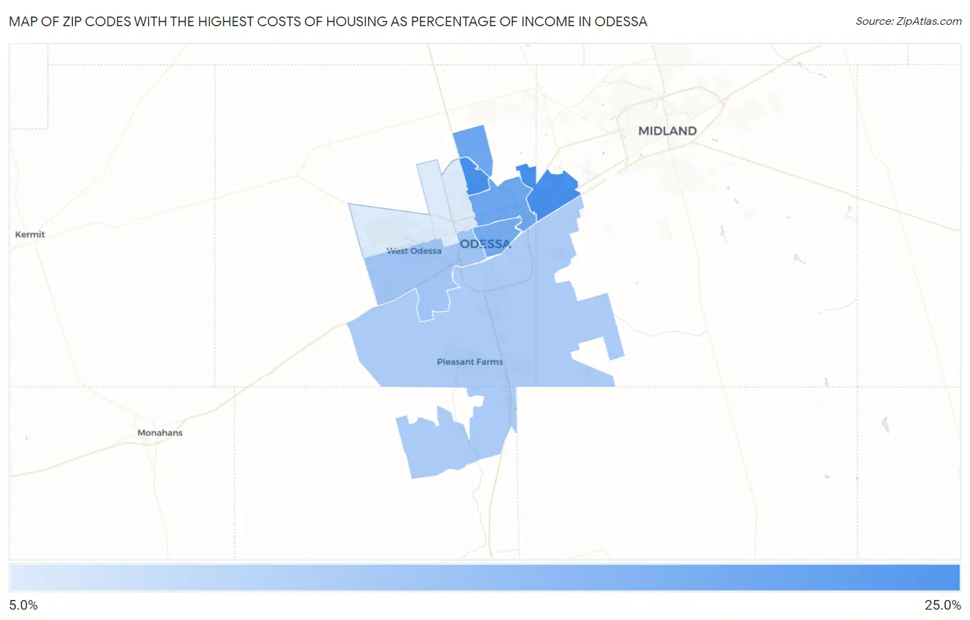 Zip Codes with the Highest Costs of Housing as Percentage of Income in Odessa Map