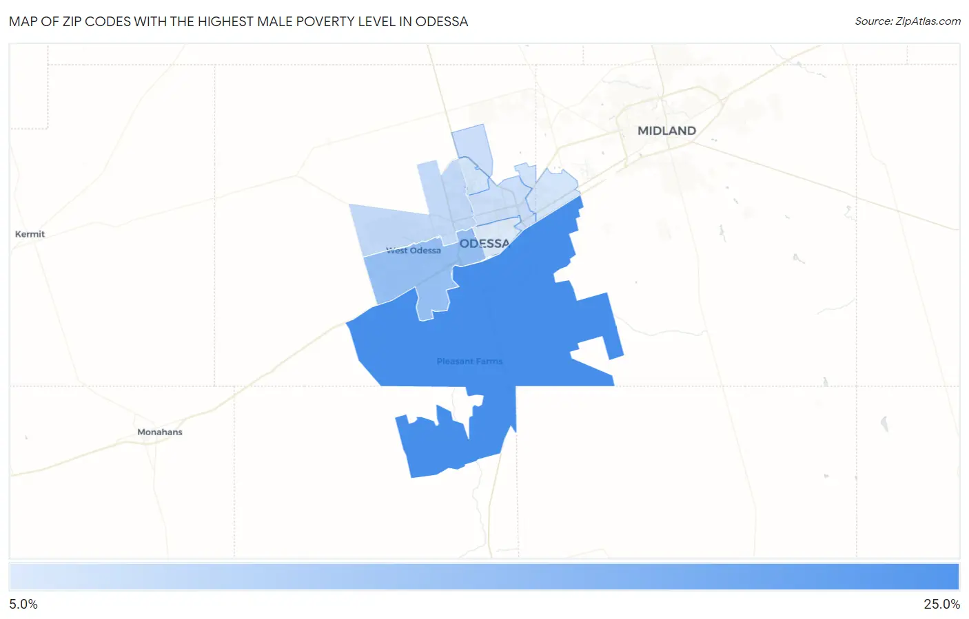 Zip Codes with the Highest Male Poverty Level in Odessa Map