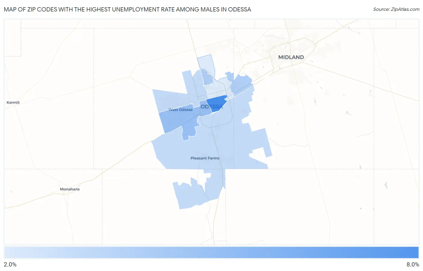 Zip Codes with the Highest Unemployment Rate Among Males in Odessa Map