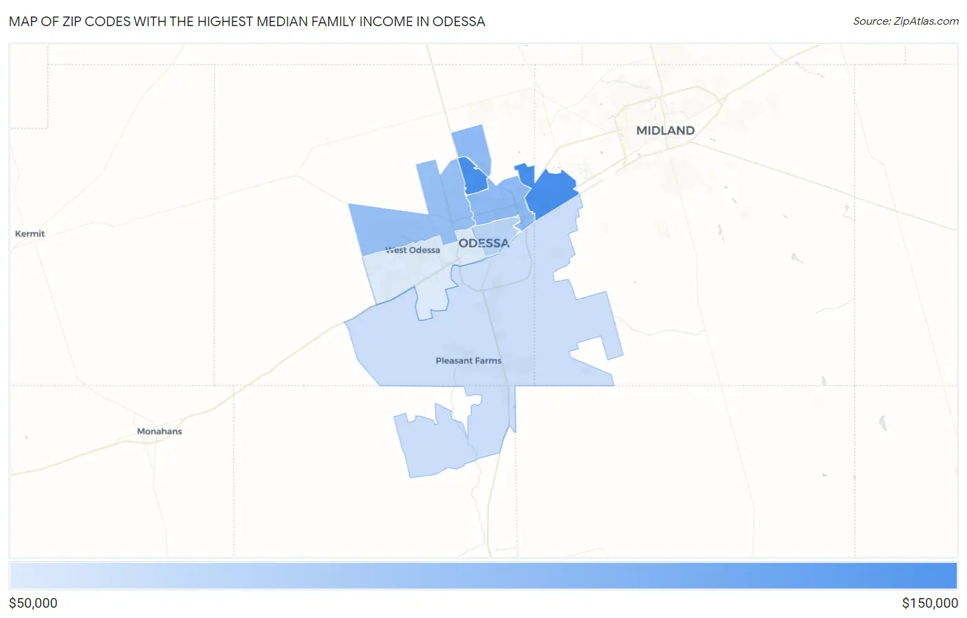 Zip Codes with the Highest Median Family Income in Odessa Map