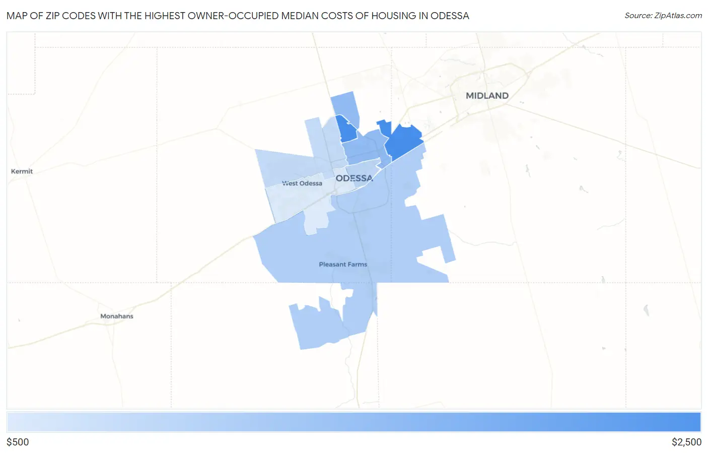 Zip Codes with the Highest Owner-Occupied Median Costs of Housing in Odessa Map