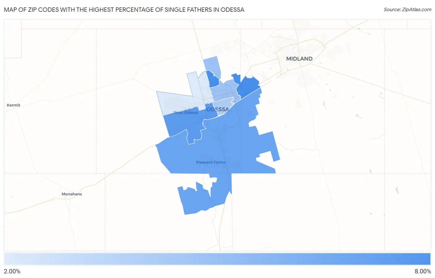 Zip Codes with the Highest Percentage of Single Fathers in Odessa Map