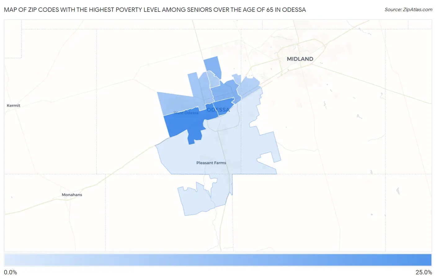 Zip Codes with the Highest Poverty Level Among Seniors Over the Age of 65 in Odessa Map