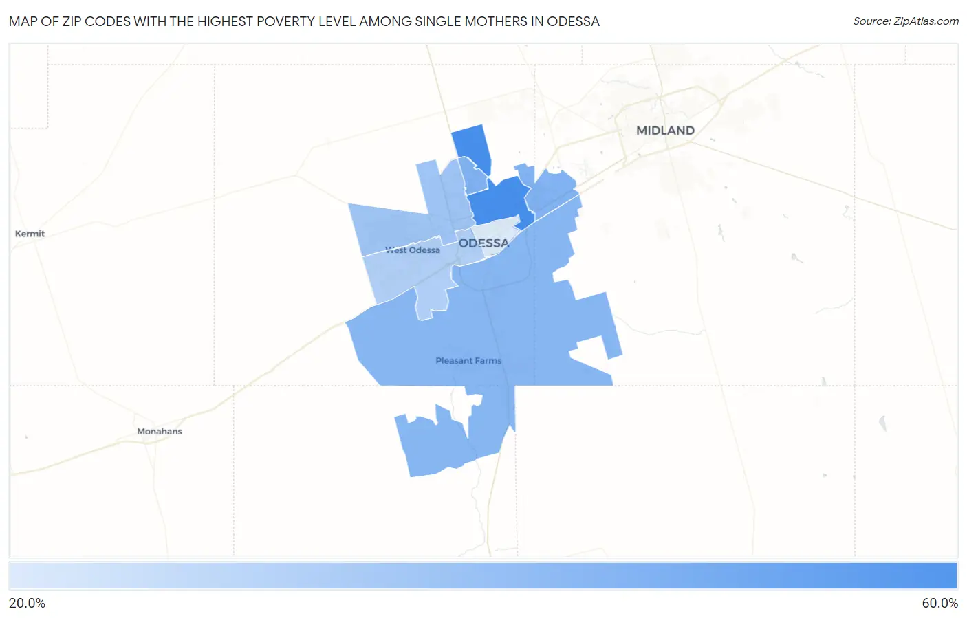 Zip Codes with the Highest Poverty Level Among Single Mothers in Odessa Map
