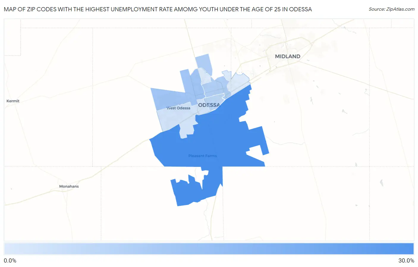 Zip Codes with the Highest Unemployment Rate Amomg Youth Under the Age of 25 in Odessa Map