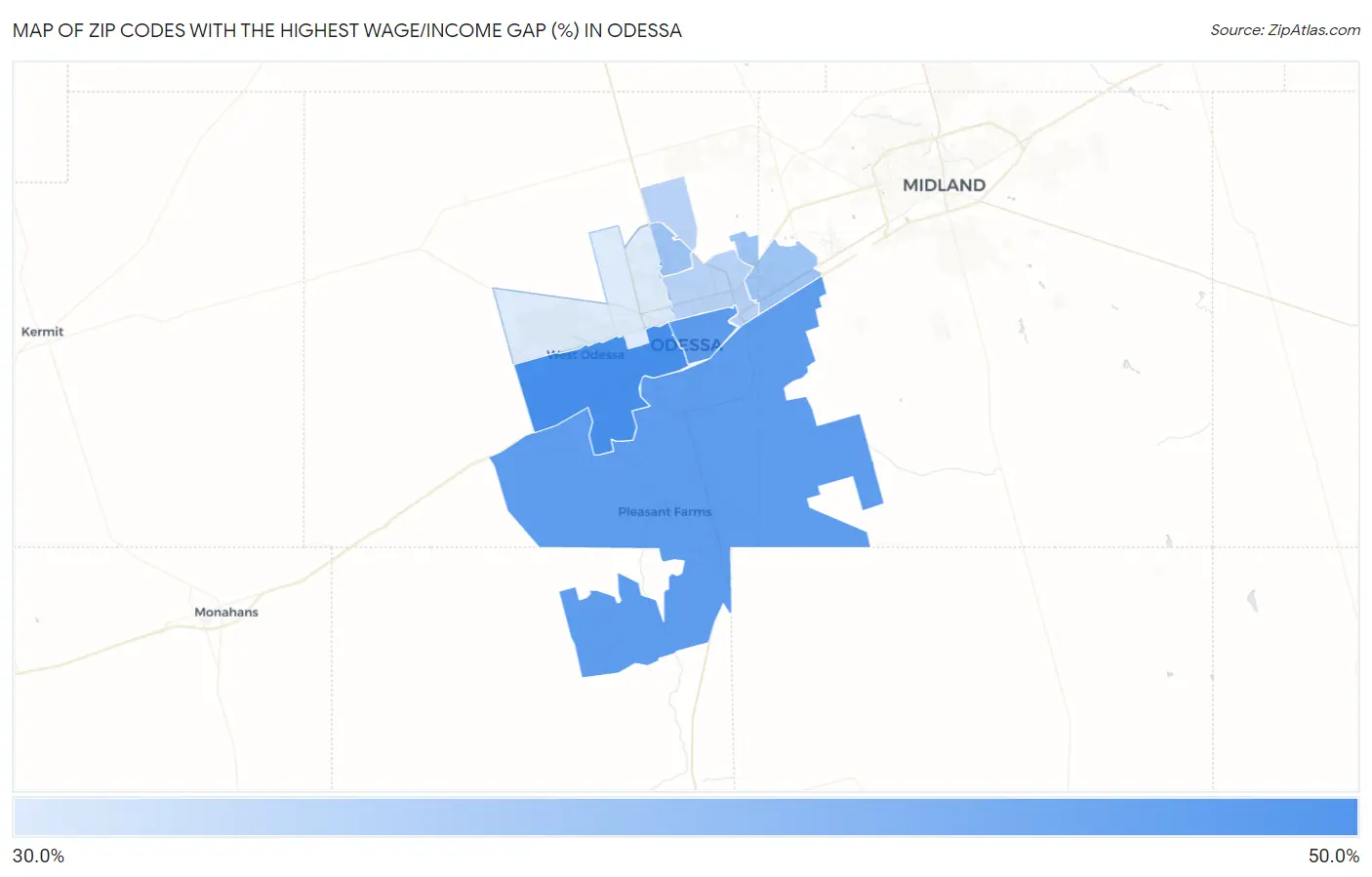 Zip Codes with the Highest Wage/Income Gap (%) in Odessa Map