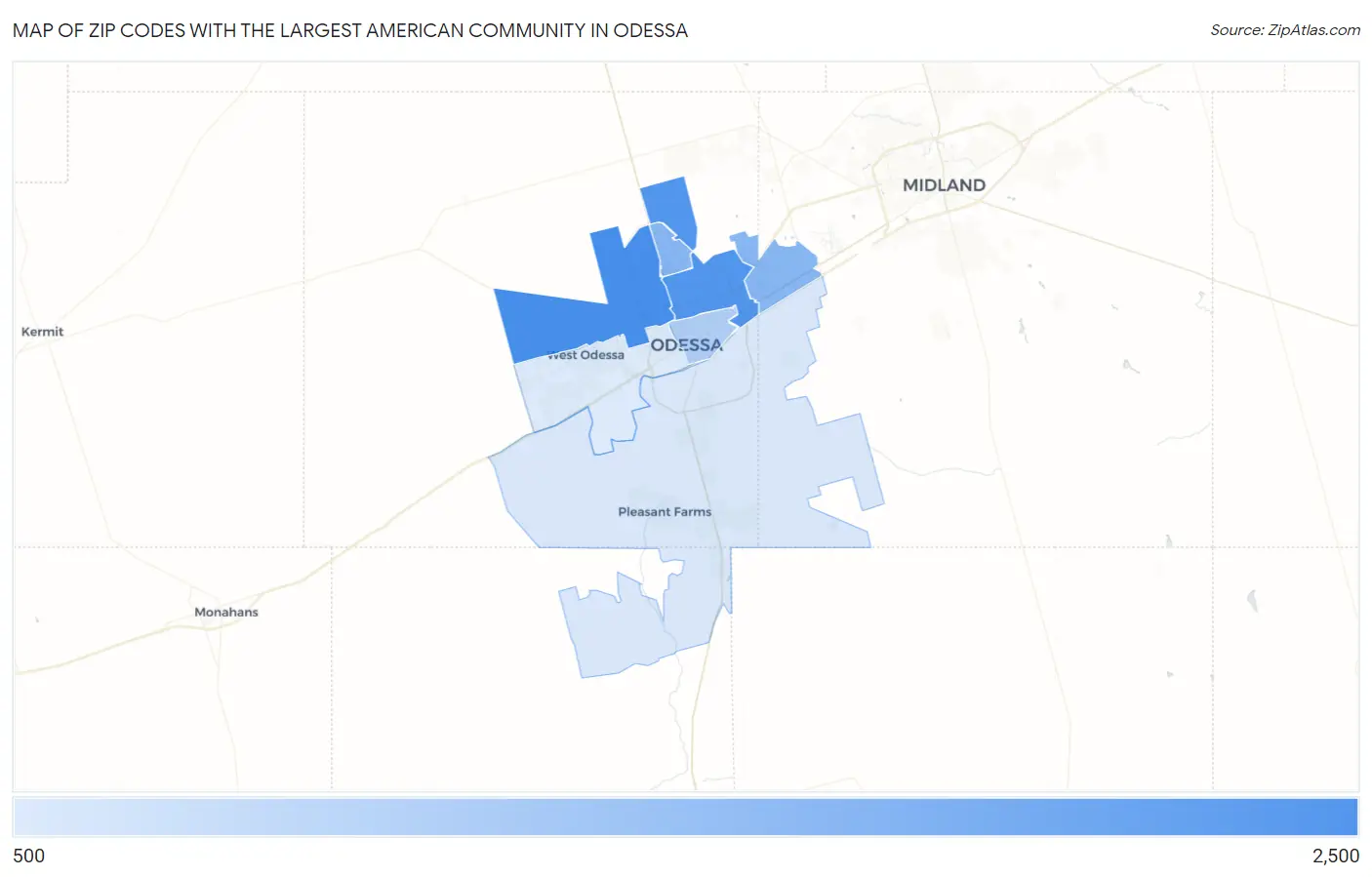 Zip Codes with the Largest American Community in Odessa Map