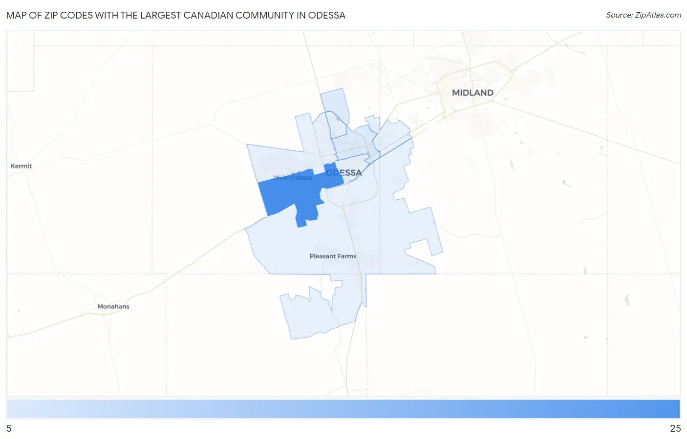 Zip Codes with the Largest Canadian Community in Odessa Map