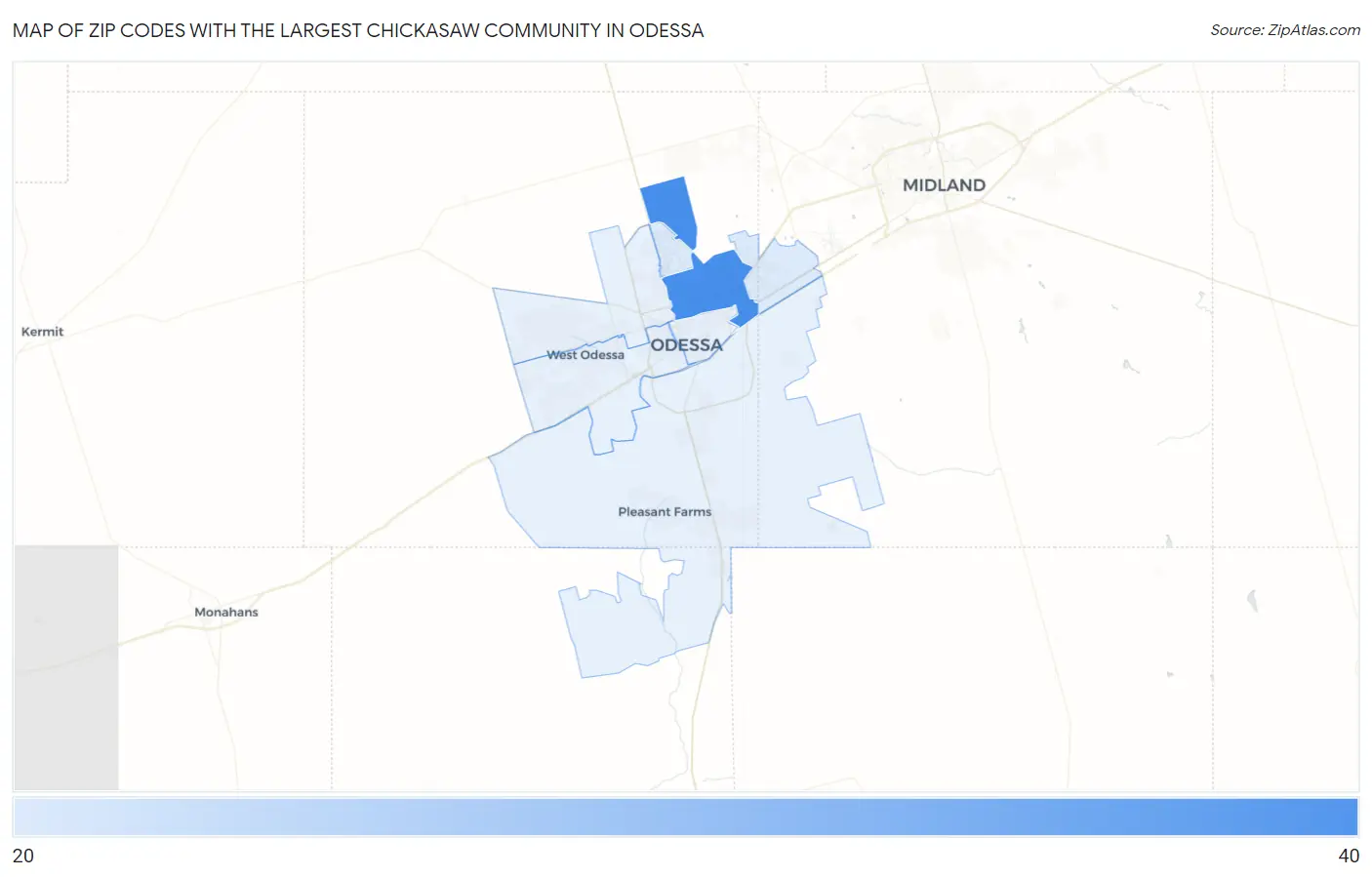 Zip Codes with the Largest Chickasaw Community in Odessa Map