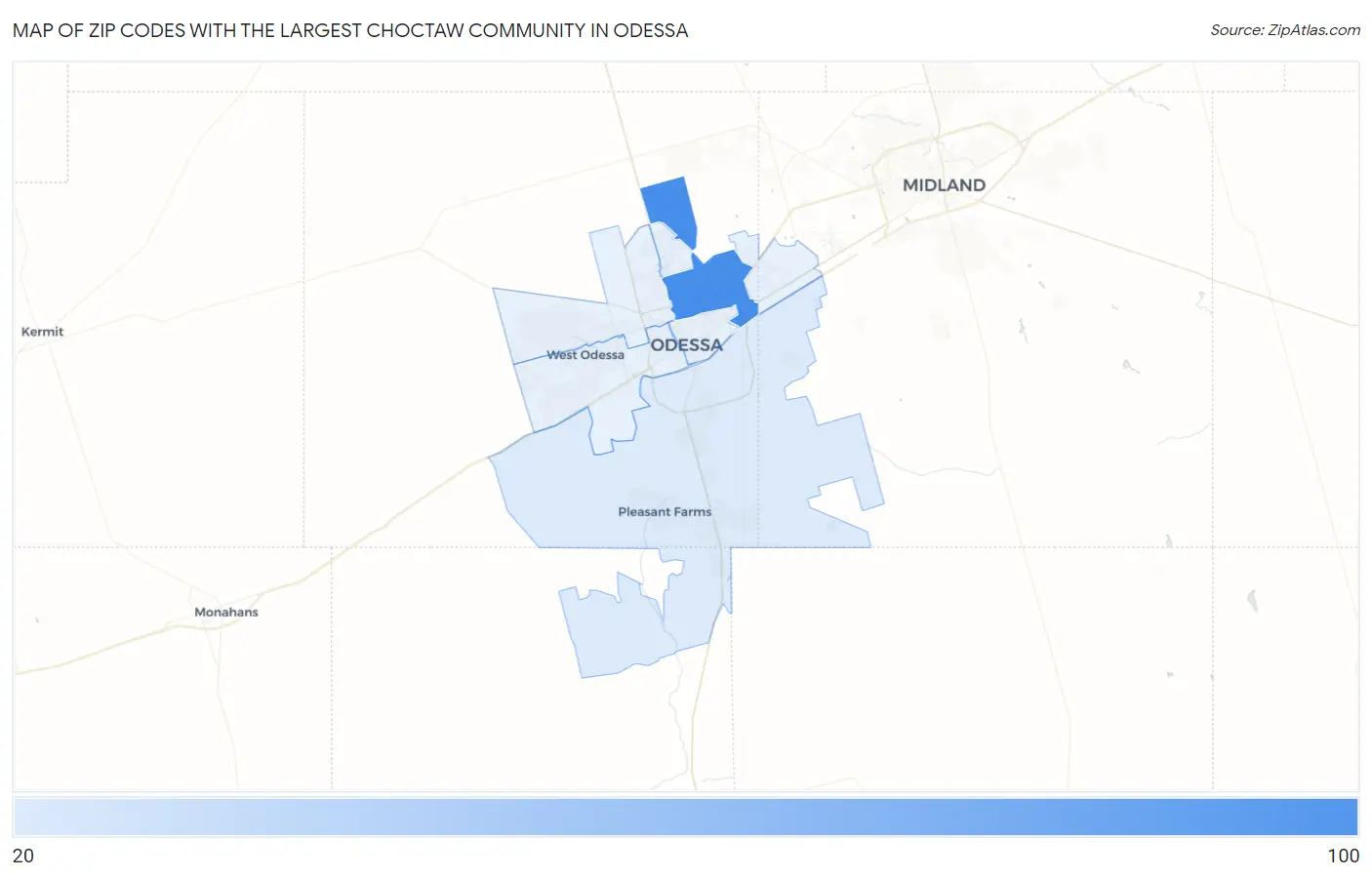 Zip Codes with the Largest Choctaw Community in Odessa Map