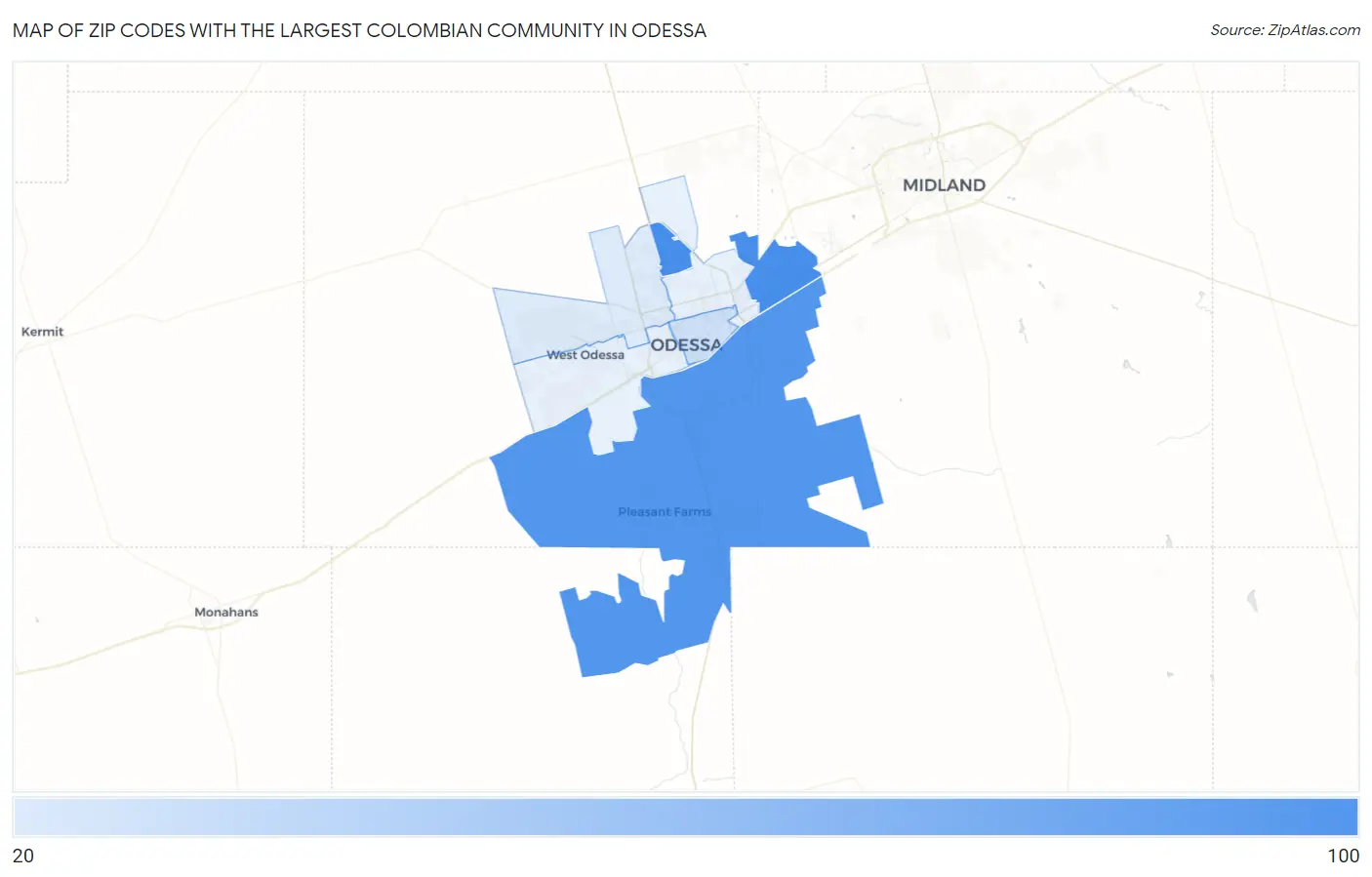 Zip Codes with the Largest Colombian Community in Odessa Map