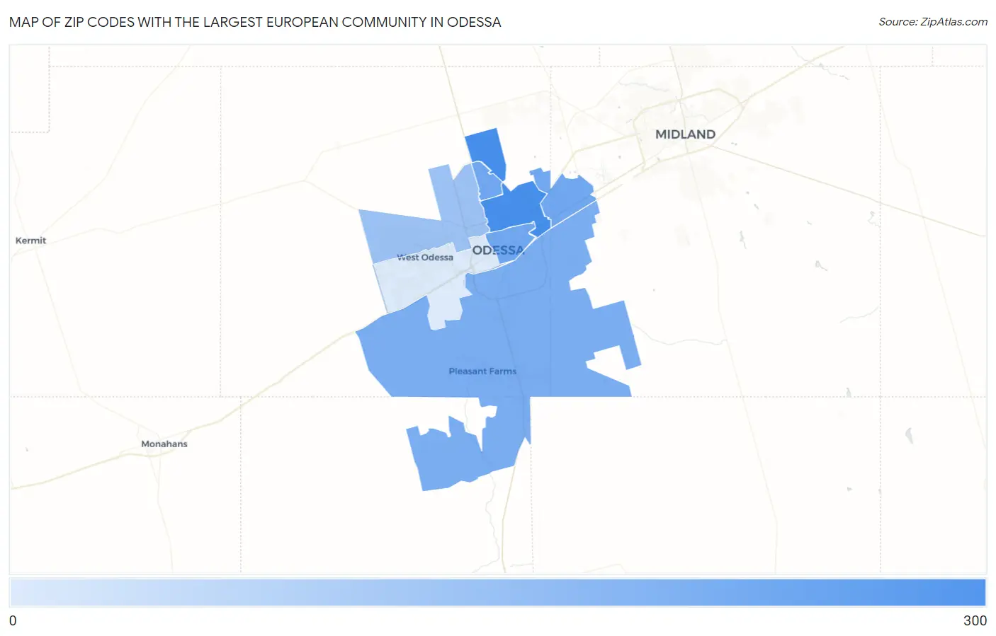 Zip Codes with the Largest European Community in Odessa Map
