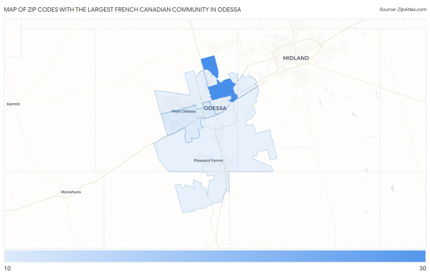 Zip Codes with the Largest French Canadian Community in Odessa Map