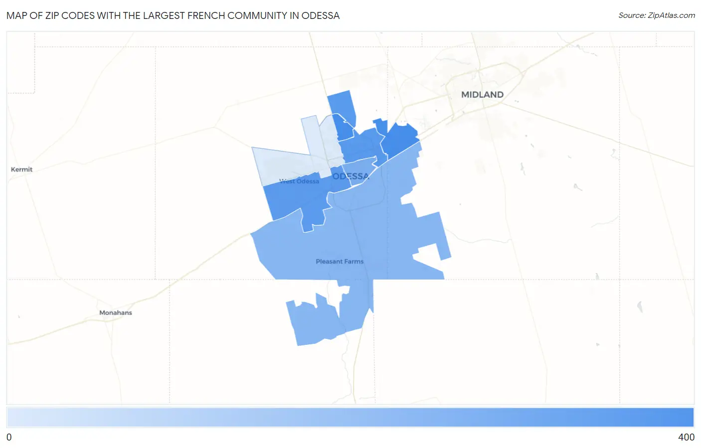 Zip Codes with the Largest French Community in Odessa Map