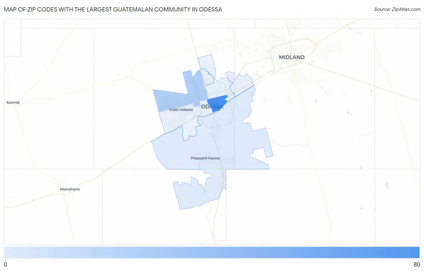 Zip Codes with the Largest Guatemalan Community in Odessa Map