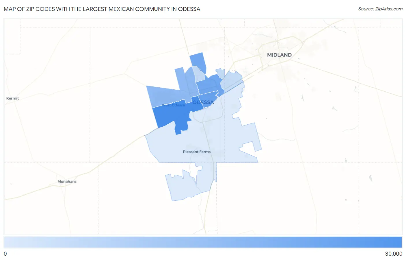 Zip Codes with the Largest Mexican Community in Odessa Map