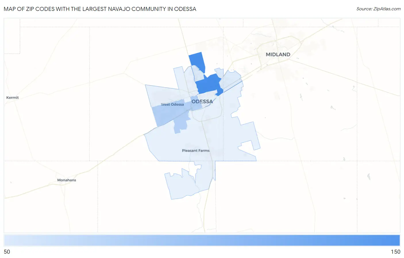 Zip Codes with the Largest Navajo Community in Odessa Map