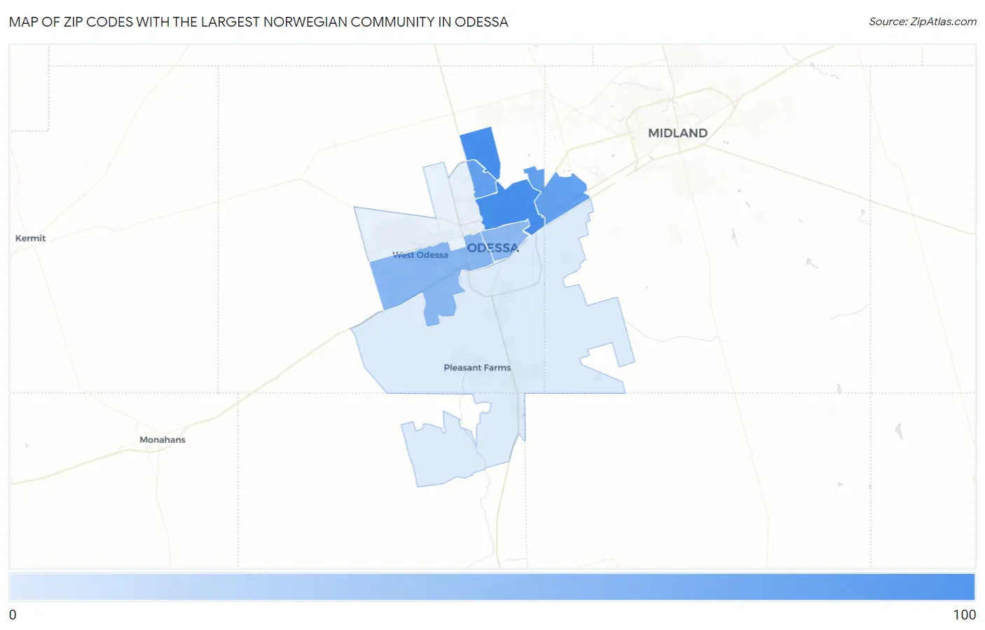 Zip Codes with the Largest Norwegian Community in Odessa Map