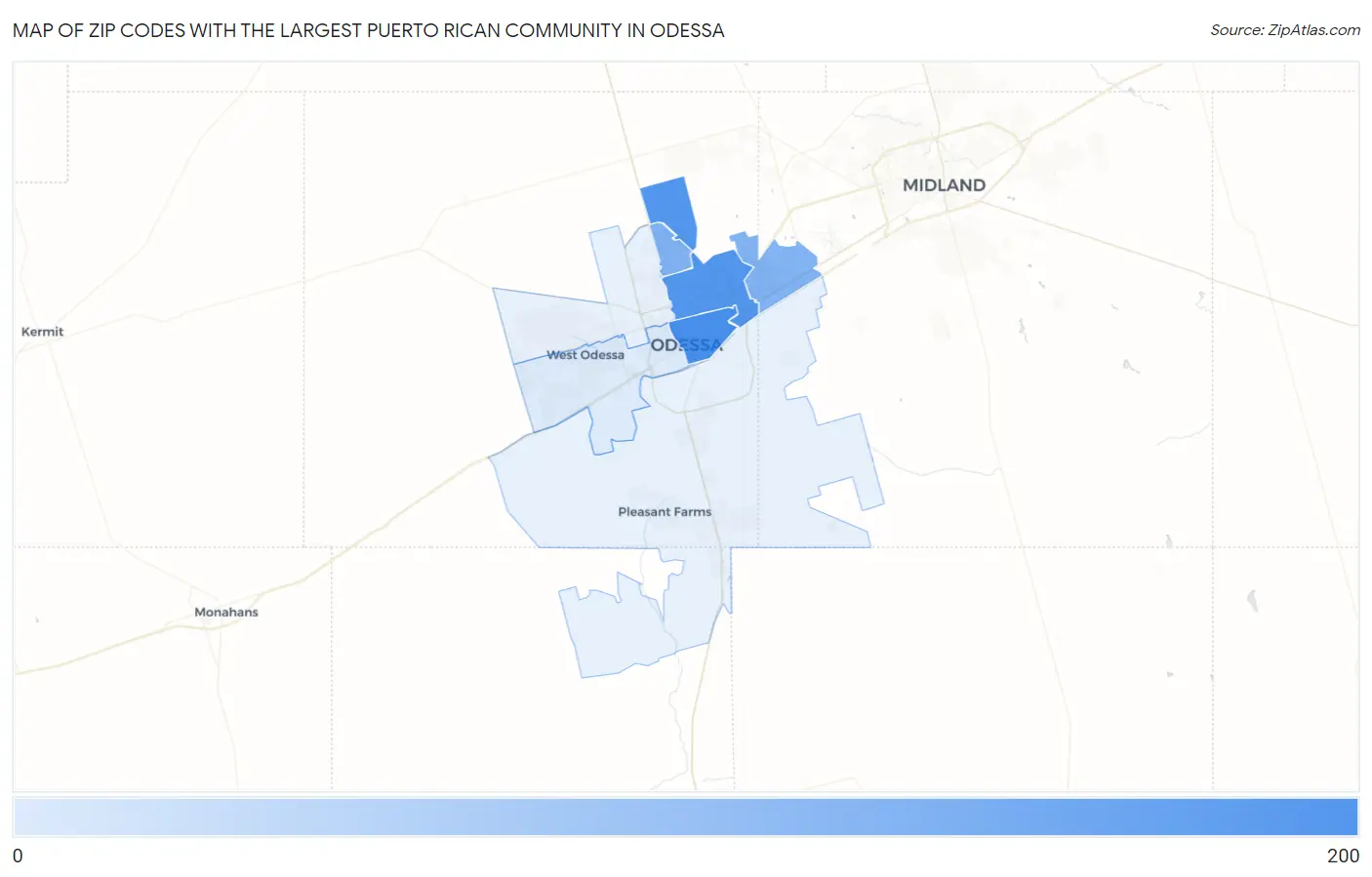 Zip Codes with the Largest Puerto Rican Community in Odessa Map