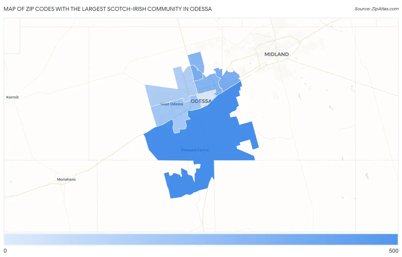 Zip Codes with the Largest Scotch-Irish Community in Odessa Map
